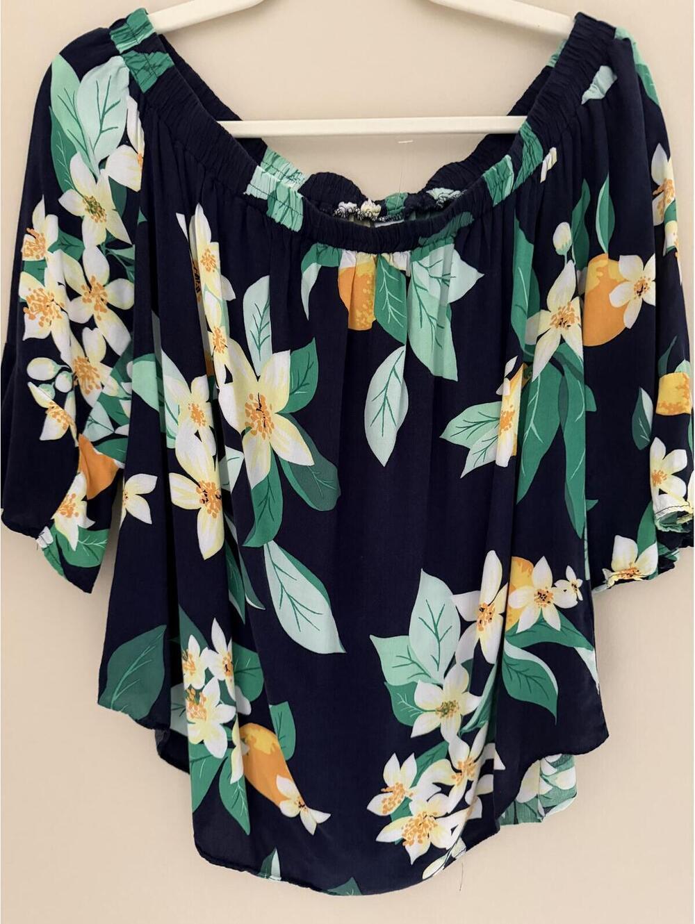 NWOT Off Shoulder Navy Yellow White Green Floral Top Rayon/Viscose Old Navy